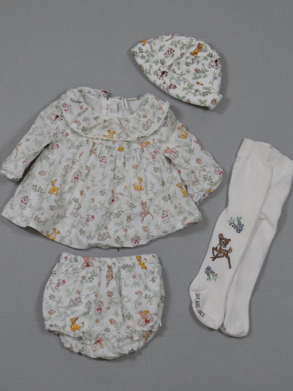 Janie and Jack Disney Toile Baby Matching Set 4pc Bambi 0-3 Months Beret Tights